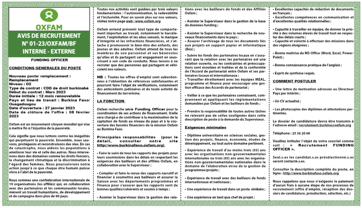 Recrutement de 01 Funding Officer